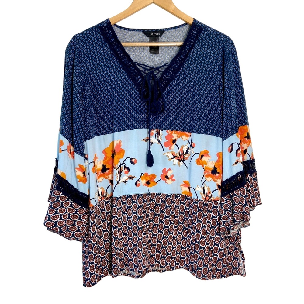 Ali Miles Navy Blue Light Blue Orange Floral Mixed-Print Blouse